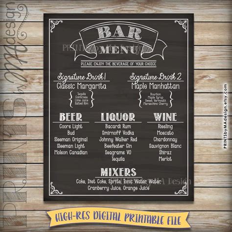 Bar Menu Sign Chalkboard Drink Alcohol Selection Birthday Party