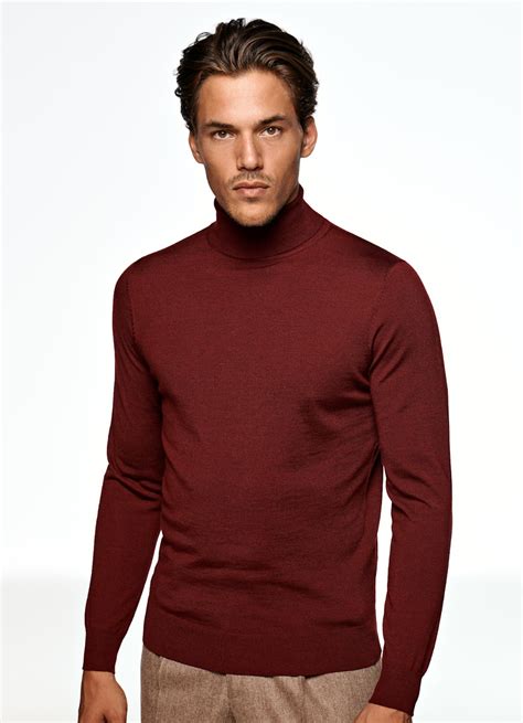 Dark Red Turtleneck Pure Merino Wool In Mens Roll Neck Sweater