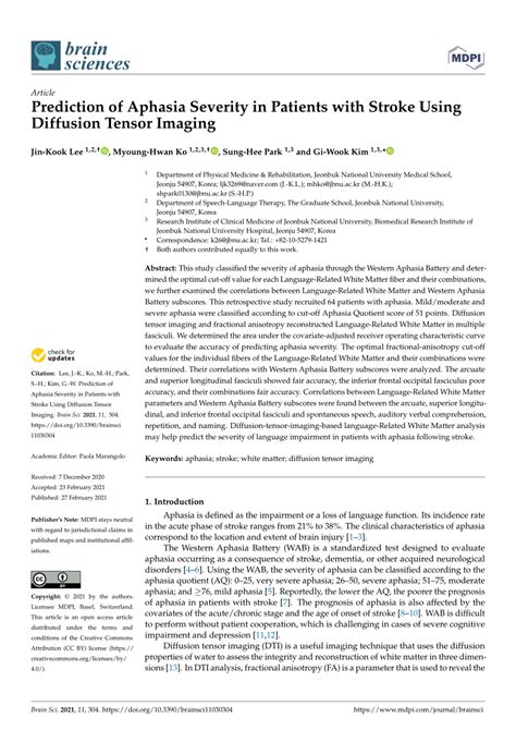 PDF Prediction Of Aphasia Severity In Patients With Stroke Using