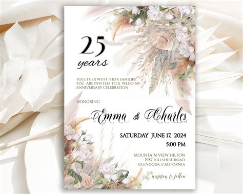 Editable Boho 25th Wedding Anniversary Invitation Pampas Grass Rustic Beige White Floral Diy