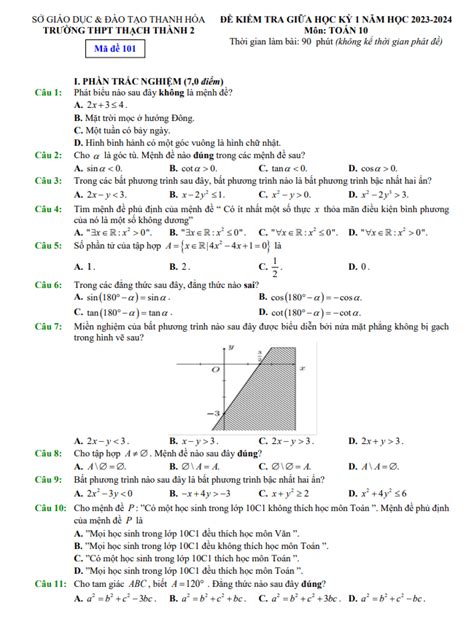 Đề giữa học kỳ 1 Toán 10 năm 2023 2024 trường THPT Thạch Thành 2