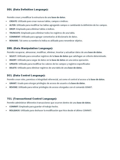 Qué Es Ddl Dml Dcl Y Tcl Pdf