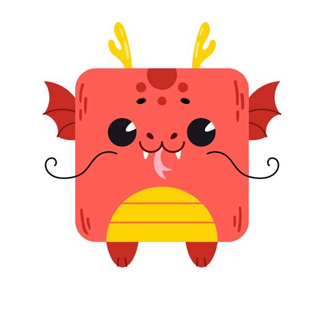 A cartoon cute dragon with a square shape. Square icon for apps or ...