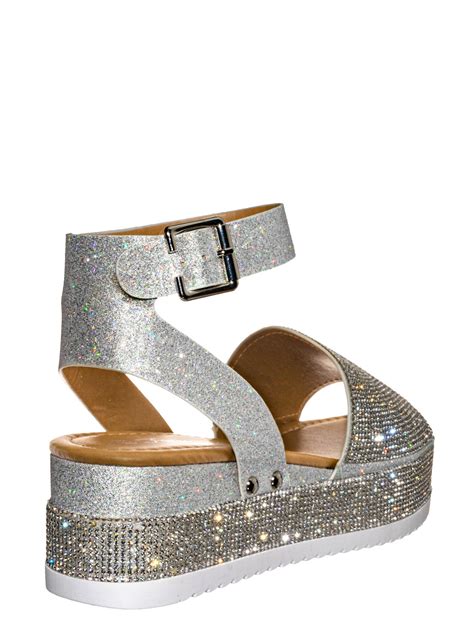 Forever Link Rhinestone Glitter Flatform Sandal Women Ankle Strap