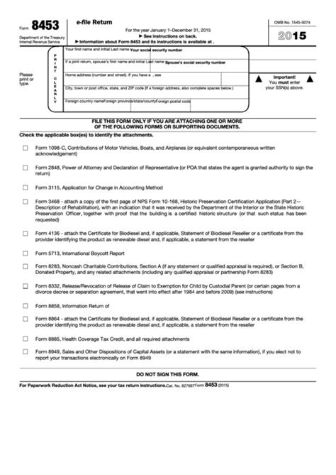 Fillable Form 8453 Us Individual Income Tax Transmittal For An Irs