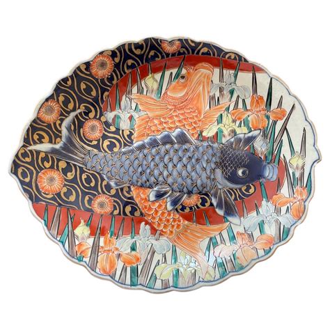 Japanese Handpainted Imari Dish Featuring Koi Carp Meiji Period 1868