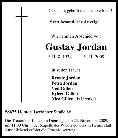 Traueranzeigen Von Gustav Jordan Trauer In Nrw De