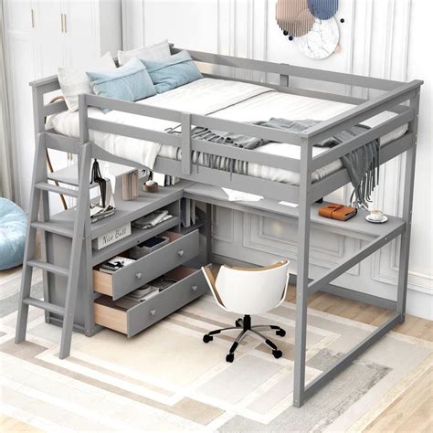 a loft bed with drawers underneath it and a desk under the bed in front ...