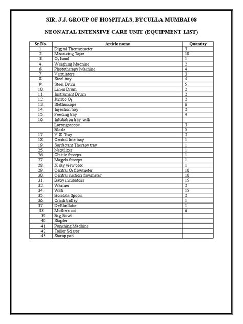 NICU Equipment List | PDF