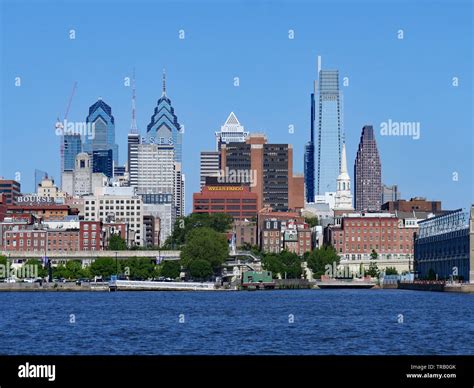 PHILADELPHIA - MAY 2019: A waterfront park in Camden, New Jersey, offers a view of the ...