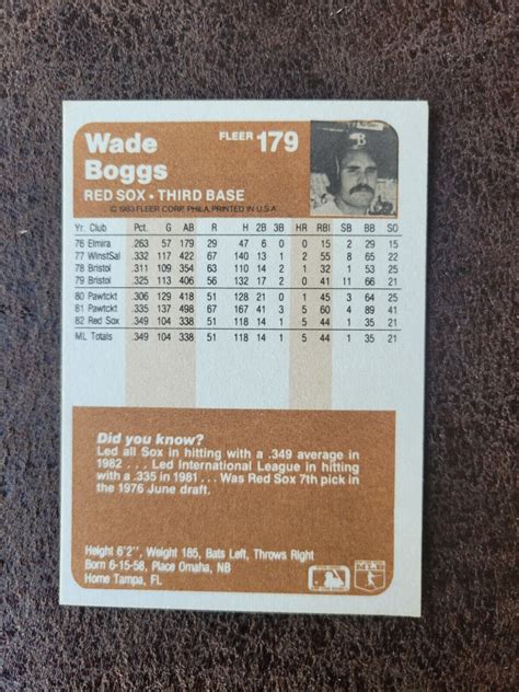 Fleer Baseball Rookie Wade Boggs Boston Red Sox Legend