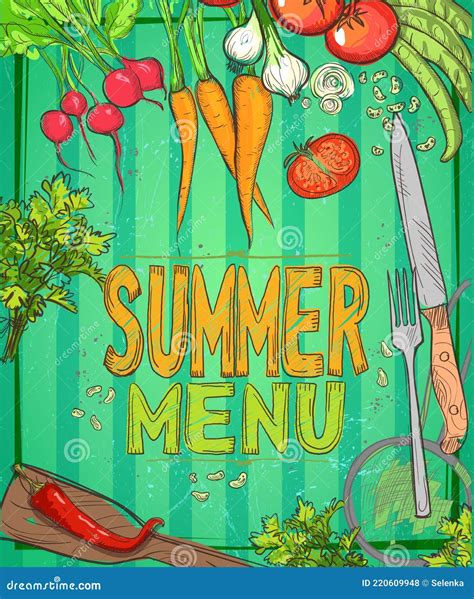 Summer Menu Template, Vector Illustration with Raw Vegetables and
