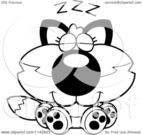 Cartoon Clipart Of A Black And White Cute Napping Fox Vector Outlined