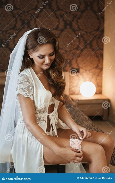 Half Naked Brunette Model Woman With Wedding Hairstyle And With Perfect