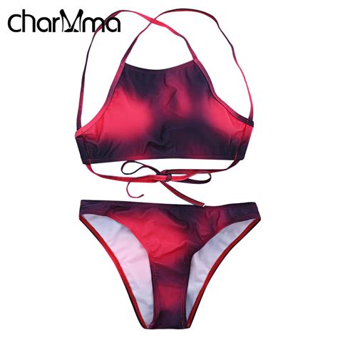 CHARMMA Halter High Neck Tie Dyed Print Padded Bikini 2017 Biquinis