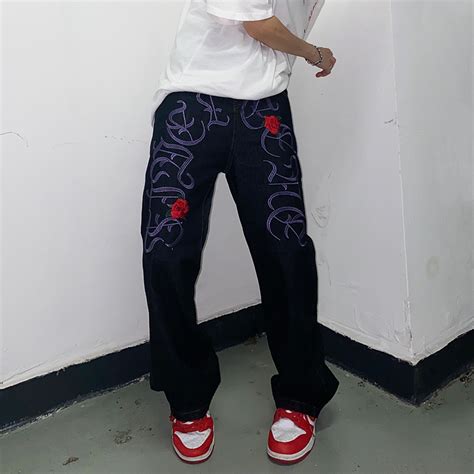 Hip Hop Straight Fit Letter Embroidered Jeans Helloice Apparel