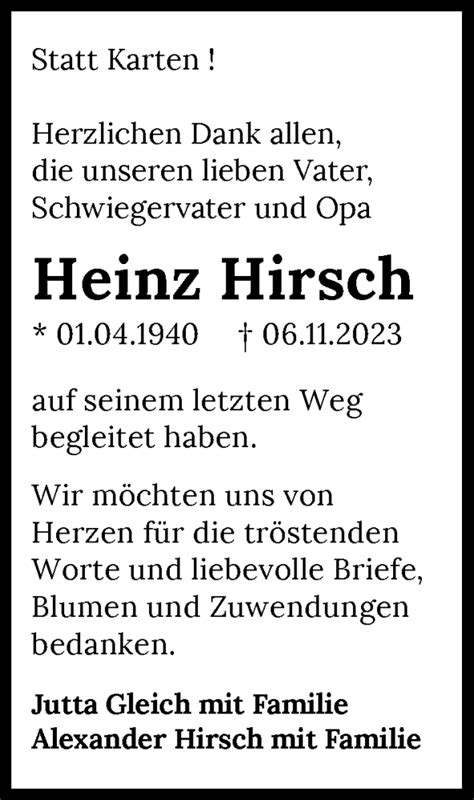 Traueranzeigen Von Heinz Hirsch Trauerundgedenken De