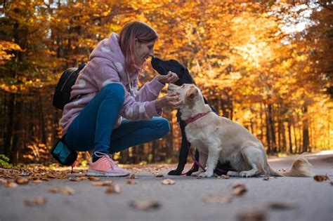 Mujer Joven Arrodillada Para Acariciar Y Besar A Sus Dos Perros En