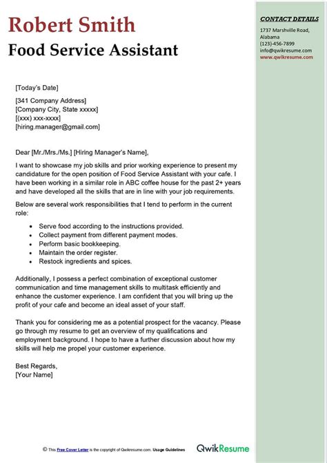 Food Service Assistant Cover Letter Examples Qwikresume