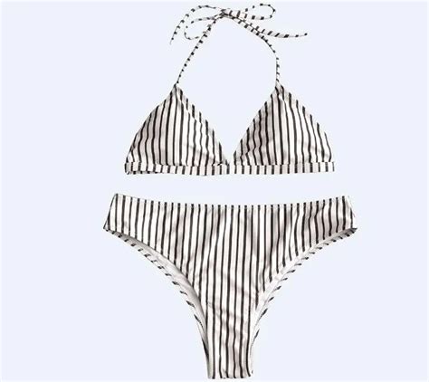 New Design Plus Size Striped Bra High Cut Swim Bottoms Halter Sexy