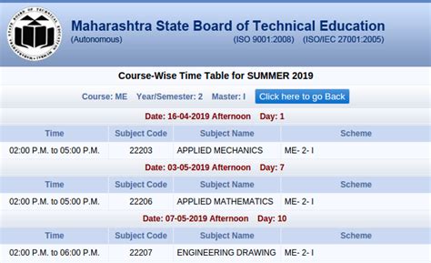 Msbte Time Table Latest Updated Final Timetable