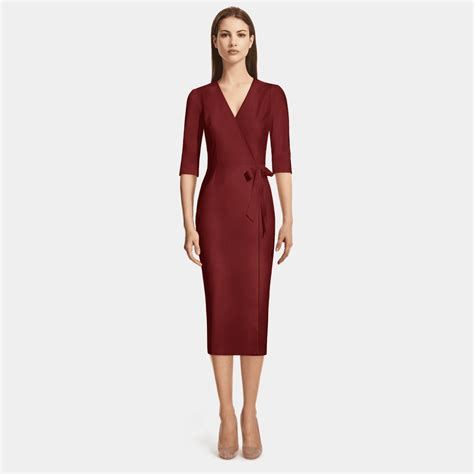 Burgundy Elbow Sleeve V Neck Wrap Midi Dress Sumissura