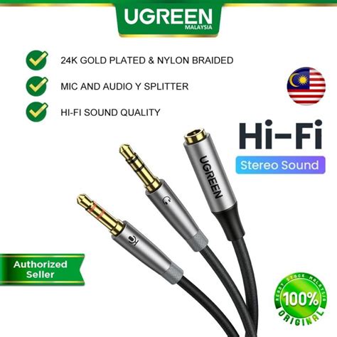 Ugreen 22cm Headphone Splitter For Computer 35mm Female To 2 Dual 35mm Male Mic Audio Y