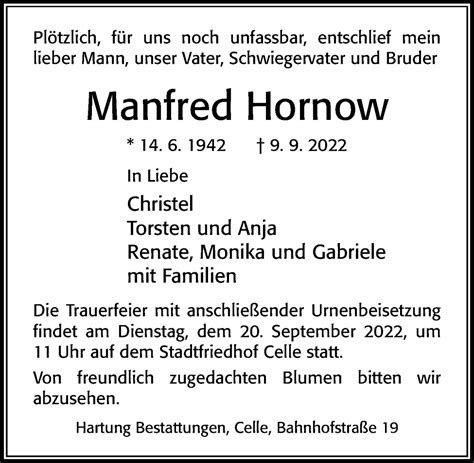 Traueranzeigen Von Manfred Hornow Trauerportal Der Celleschen Zeitung