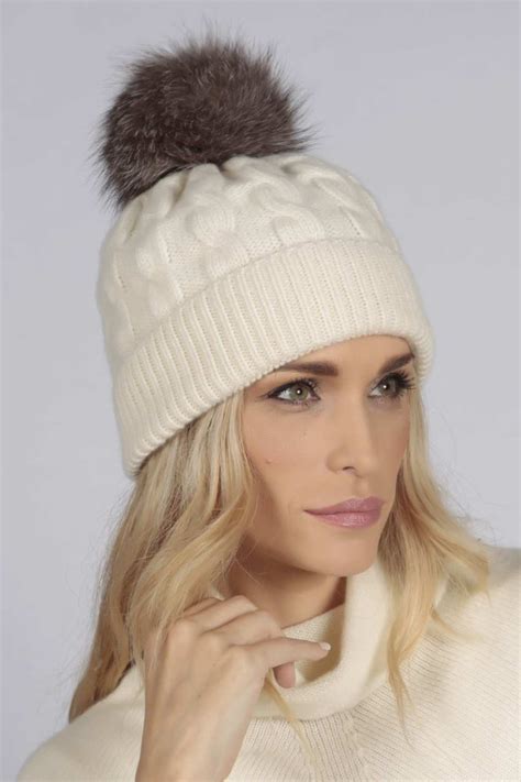 Cream White Pure Cashmere Fur Pom Pom Cable Knit Beanie Hat