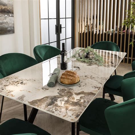 White Ceramic Dining Table And 6 Chairs Green Modern Dining Set 180cm Quatropi