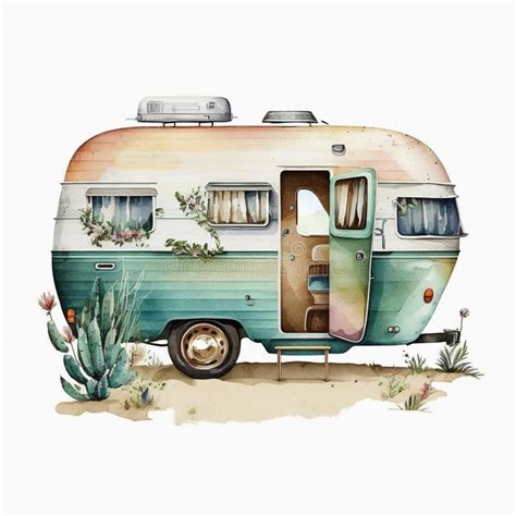 Journey In Style Vintage Camper Watercolor Illustration Isolated On