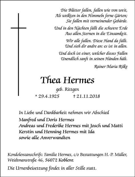 Traueranzeigen Von Thea Hermes Rz Trauer De