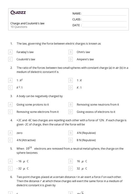 Coulombs Law And Electric Force Worksheets For Th Year On Quizizz