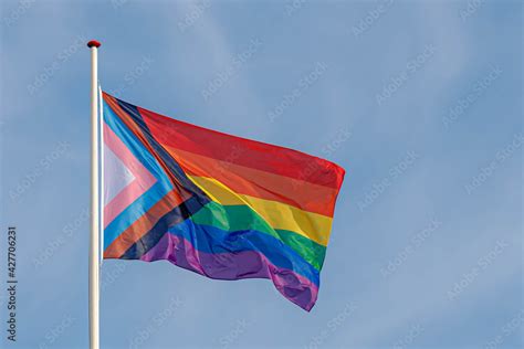 Progress Pride Flag New Design Of Rainbow Flag Waving In The Air With