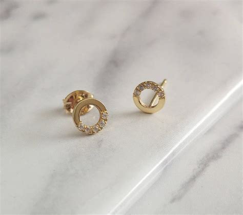 Diamond Stud Earrings Gold Circle Earrings 14K Gold Dainty - Etsy