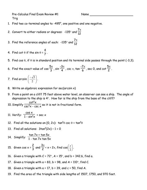 Precalculus Final Exam Review Essential Topics And Practice Questions