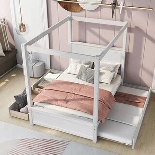 Full Canopy Platform Bed Trundle Bed Two Drawers Support Slats White