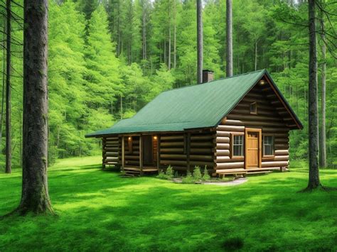 Premium Ai Image A Log Cabin In The Woods With A Green Forest In The