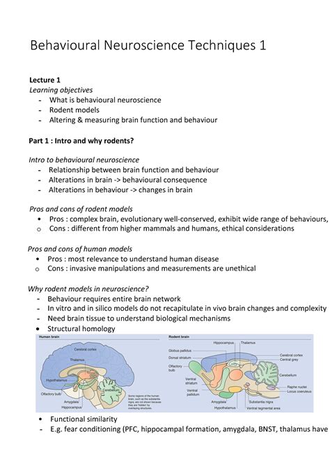 Behavioural Neuroscience Techniques Lecture Learning Objectives