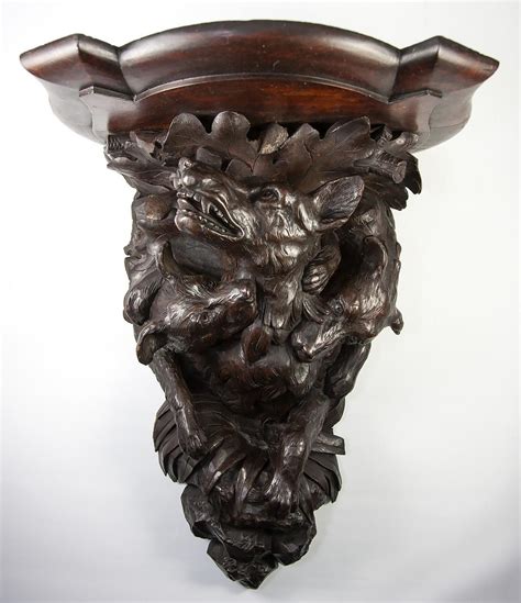 Rare Antique Hand Carved Black Forest Bracket Shelf With Hounds A