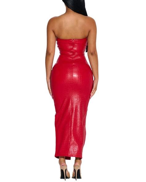 Naked Wardrobe The Crocodile Chic Strapless Faux Leather Dress In Red