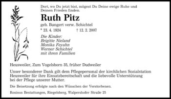 Traueranzeigen Von Ruth Pitz Saarbruecker Zeitung Trauer De