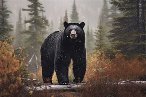 Premium AI Image | A black bear stands in a forest with a snowy background.