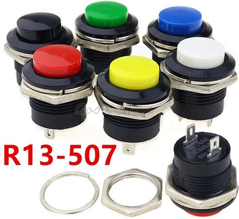 6 Pcs R13 507 Momentary Spst No Red Black White Yellow Green Blue Round Cap Push