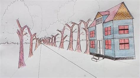 How to Draw house and trees along the road in One point perspective - YouTube