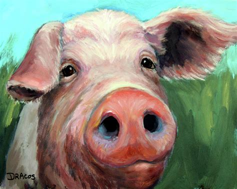 Pig On Blue And Green Painting By Dottie Dracos