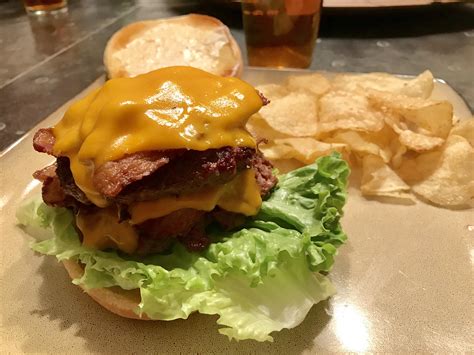 First Attempt At A Bacon And Cheese Double Smash Burger [oc] [4032 X