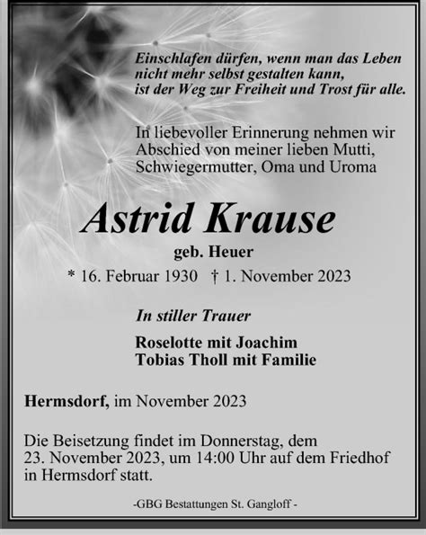 Traueranzeigen Von Astrid Krause Trauer In Thueringen De