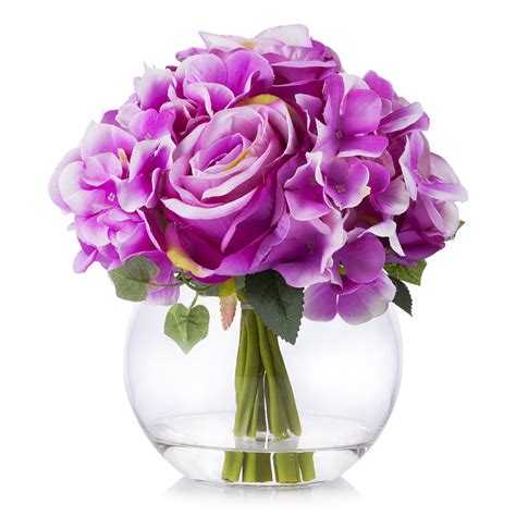 Enova Home Artificial Mixed Rose And Hydrangea Silk Flowers Arrangement In Clear Glass Vase With