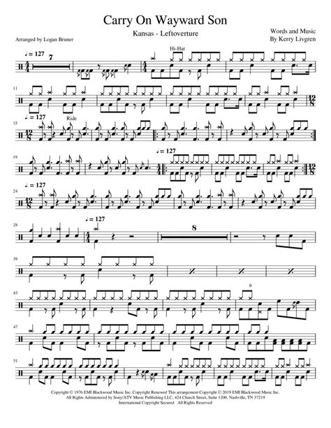 Carry On Wayward Son Arr Logan Bruner By Kansas Sheet Music For